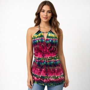 Candies Tie Dye Halter Top Size M Multicolor Beaded Neckline Y2K Resortwear‎